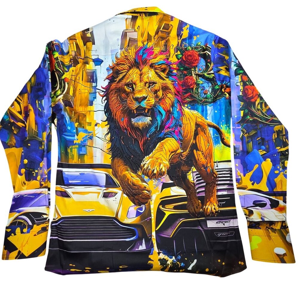 Barabas Mens Small Multicolor Vibrant Lion & Roses Graphic Button-Up Shirt - Picture 4 of 9